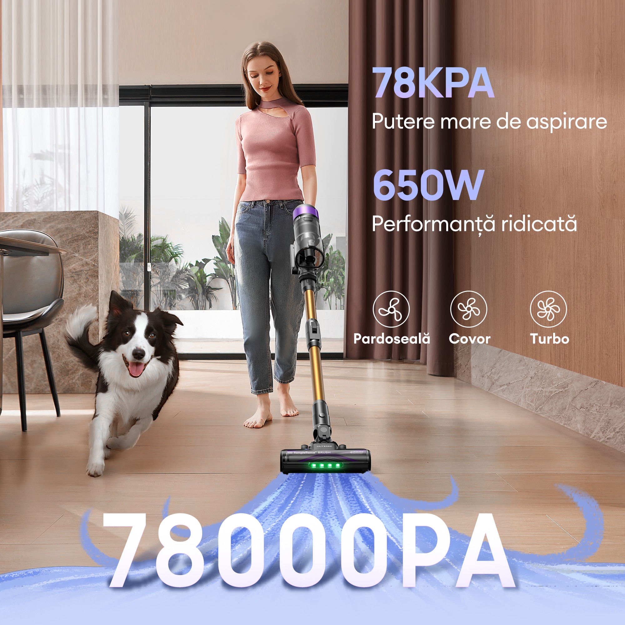 Aspirator vertical fara fir Ultenic U20, 78000 PA/650 W/perie pentru podea Zero-Tangle