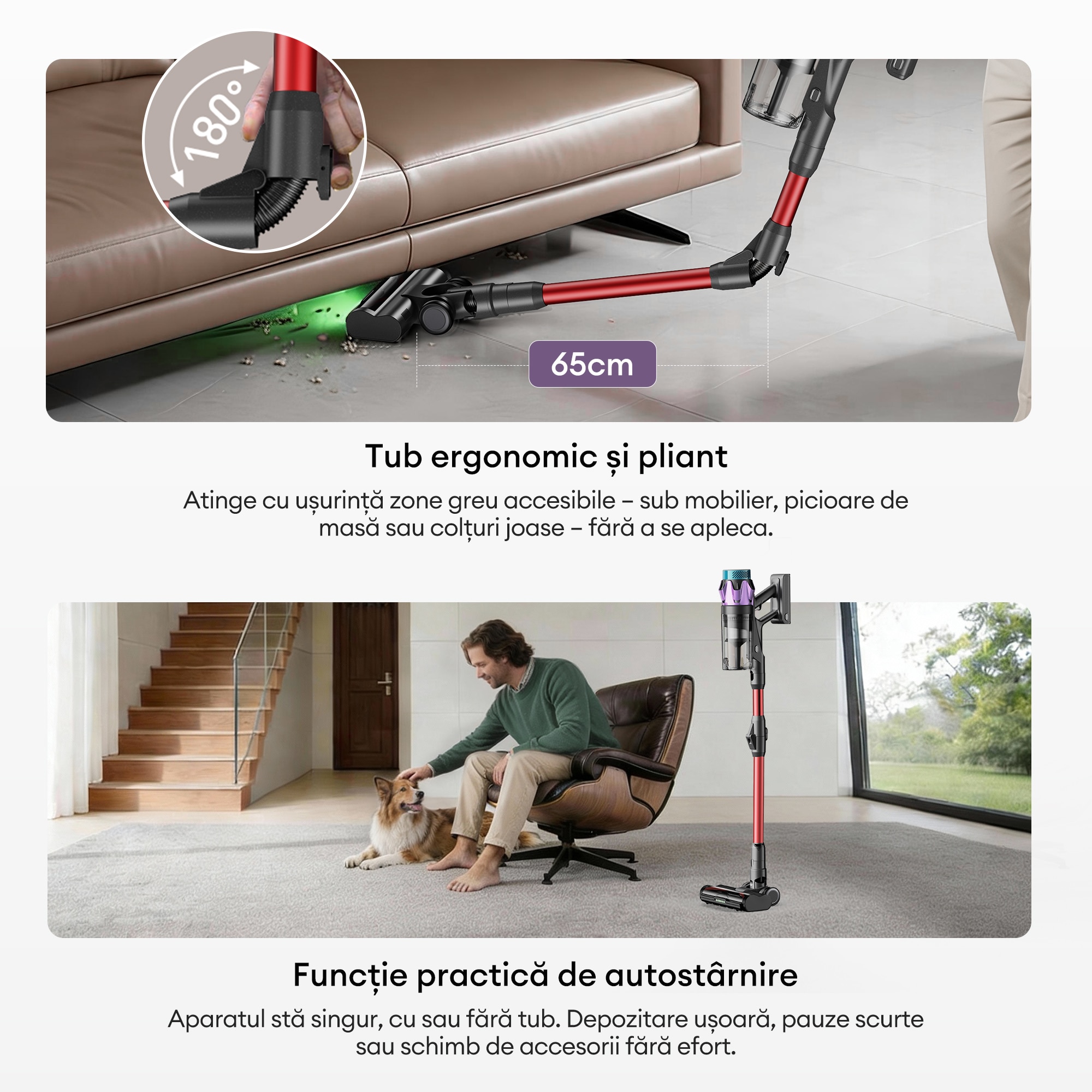Aspirator fara fir Ultenic U18 PowerPro, putere de aspirare de 76.000 Pa, autonomie de 80 de minute, articulatie flexibila pivotanta la 180°, design autonom