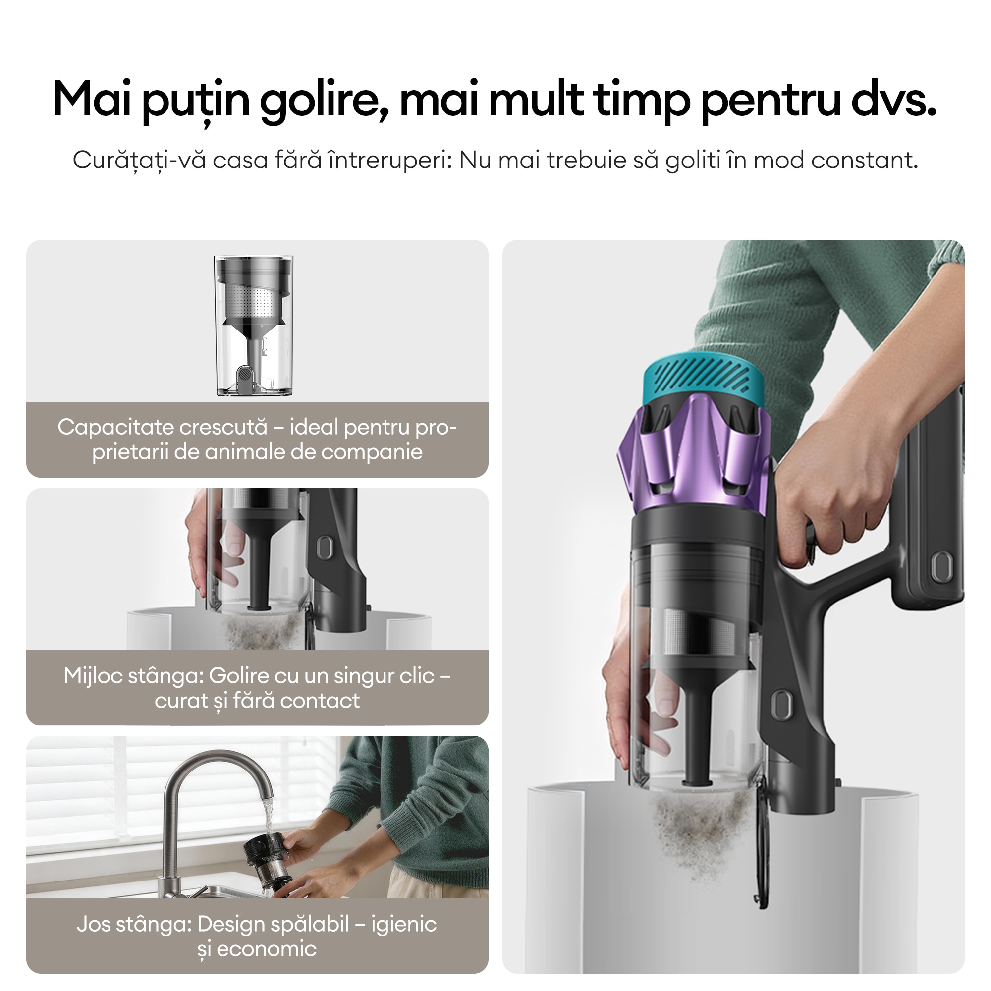 Aspirator fara fir Ultenic U18 PowerPro, putere de aspirare de 76.000 Pa, autonomie de 80 de minute, articulatie flexibila pivotanta la 180°, design autonom