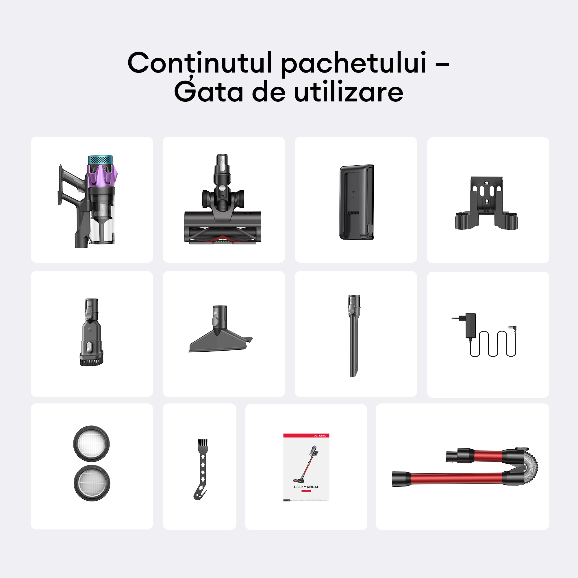 Aspirator fara fir Ultenic U18 PowerPro, putere de aspirare de 76.000 Pa, autonomie de 80 de minute, articulatie flexibila pivotanta la 180°, design autonom