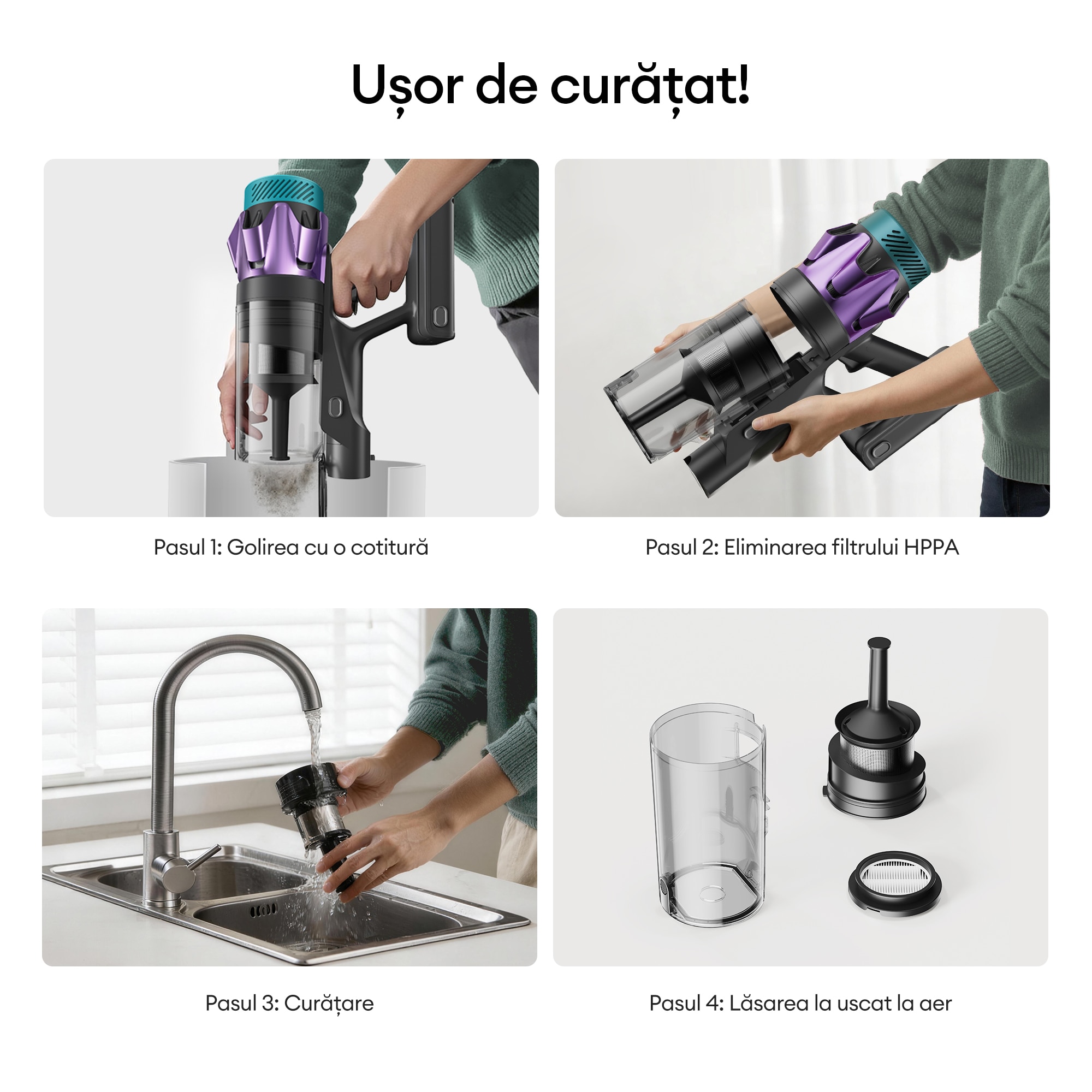 Aspirator fara fir Ultenic U18 PowerPro, putere de aspirare de 76.000 Pa, autonomie de 80 de minute, articulatie flexibila pivotanta la 180°, design autonom