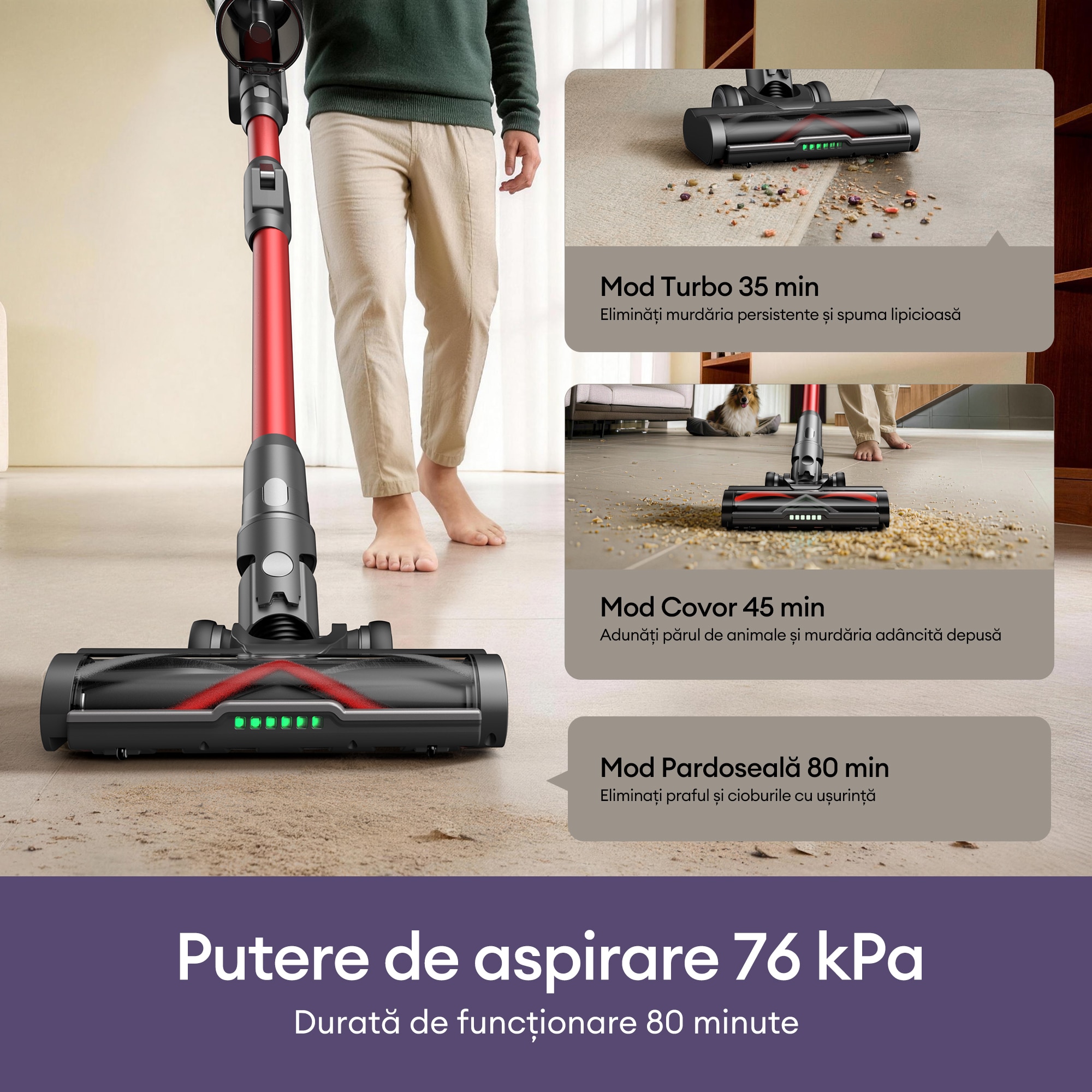 Aspirator fara fir Ultenic U18 PowerPro, putere de aspirare de 76.000 Pa, autonomie de 80 de minute, articulatie flexibila pivotanta la 180°, design autonom