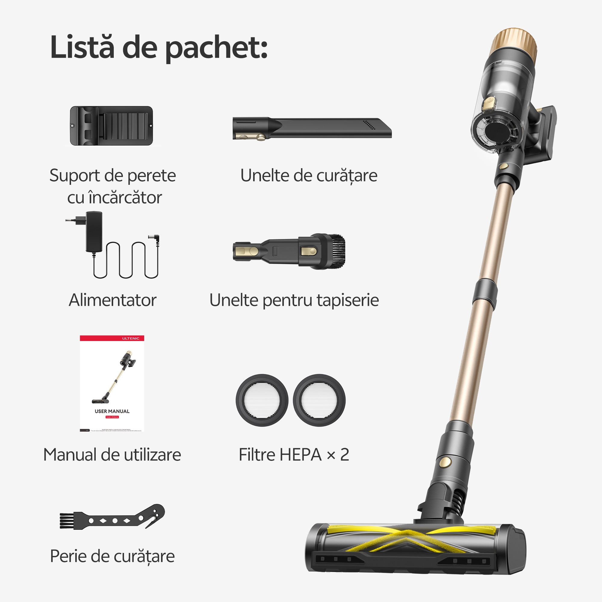 Aspirator fara fir Ultenic U15, 70000PA/65min, sistem cu 6 filtre, baterie detasabila 8×2200 mAh, curatare la 180°/auto-sustinere