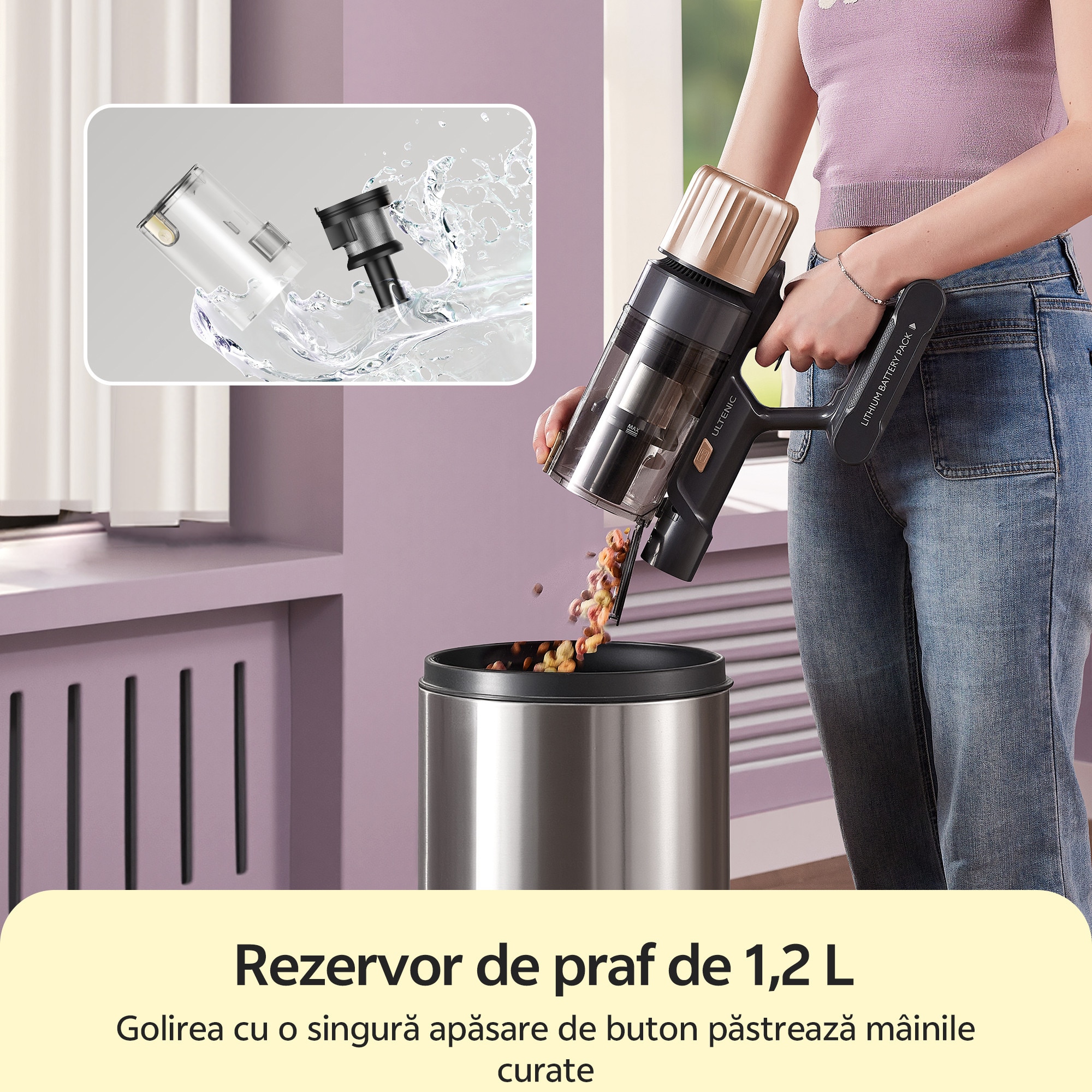 Aspirator fara fir Ultenic U15, 70000PA/65min, sistem cu 6 filtre, baterie detasabila 8×2200 mAh, curatare la 180°/auto-sustinere