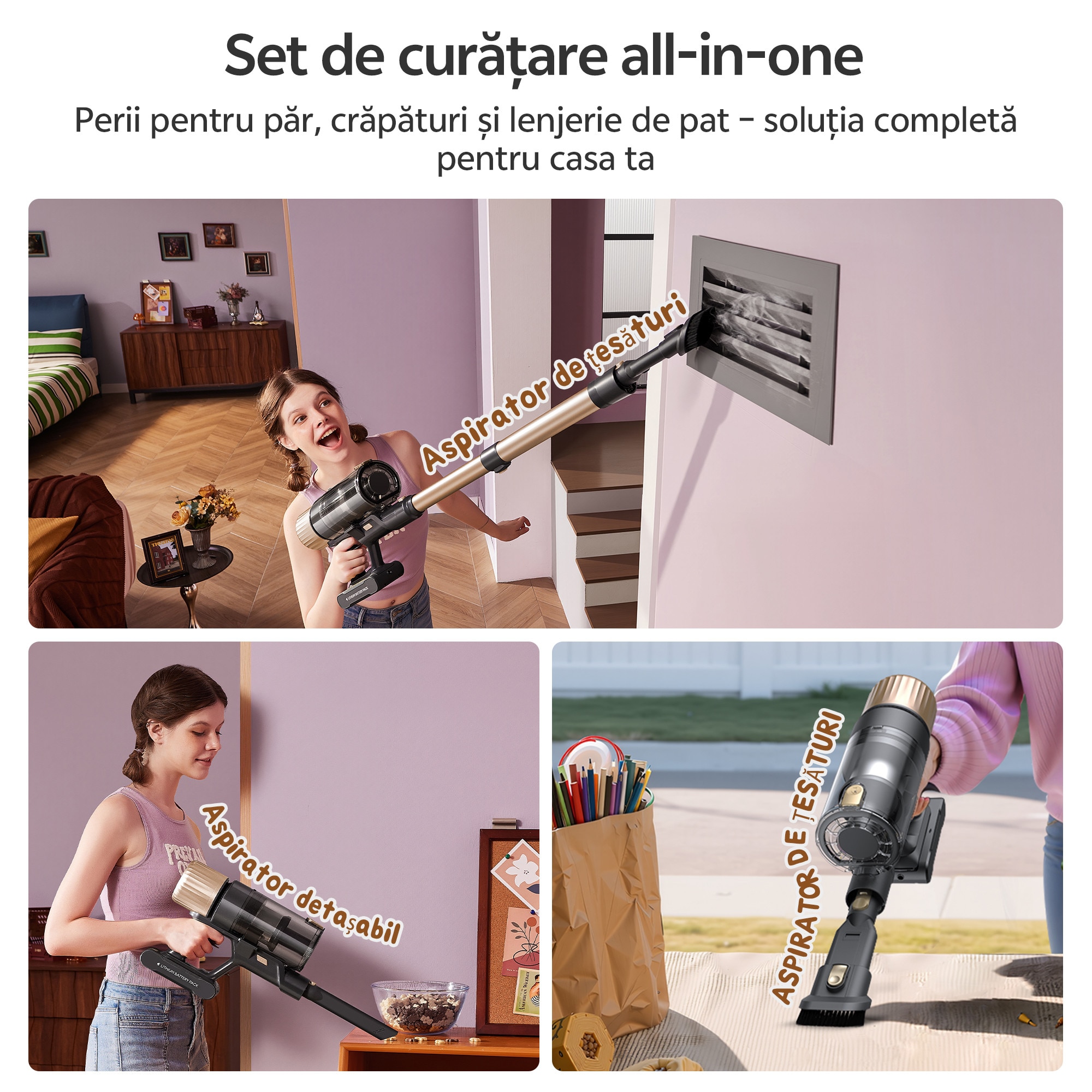 Aspirator fara fir Ultenic U15, 70000PA/65min, sistem cu 6 filtre, baterie detasabila 8×2200 mAh, curatare la 180°/auto-sustinere