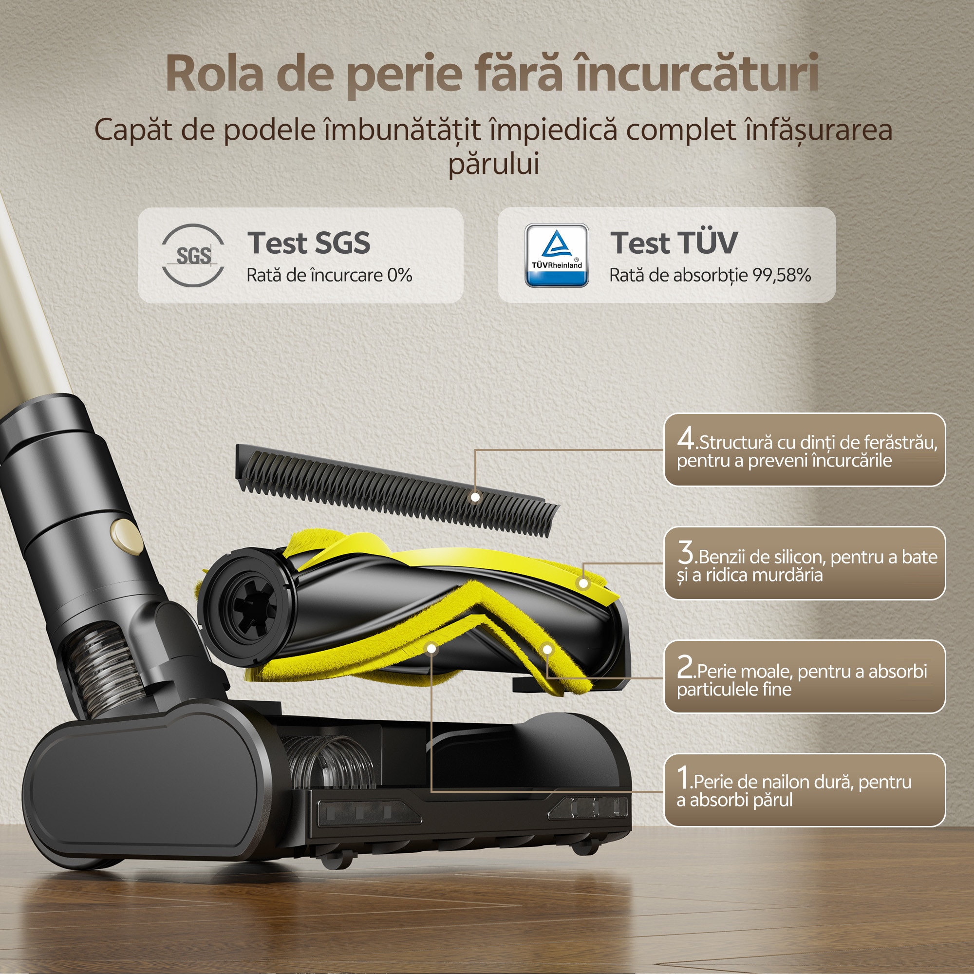 Aspirator fara fir Ultenic U15, 70000PA/65min, sistem cu 6 filtre, baterie detasabila 8×2200 mAh, curatare la 180°/auto-sustinere