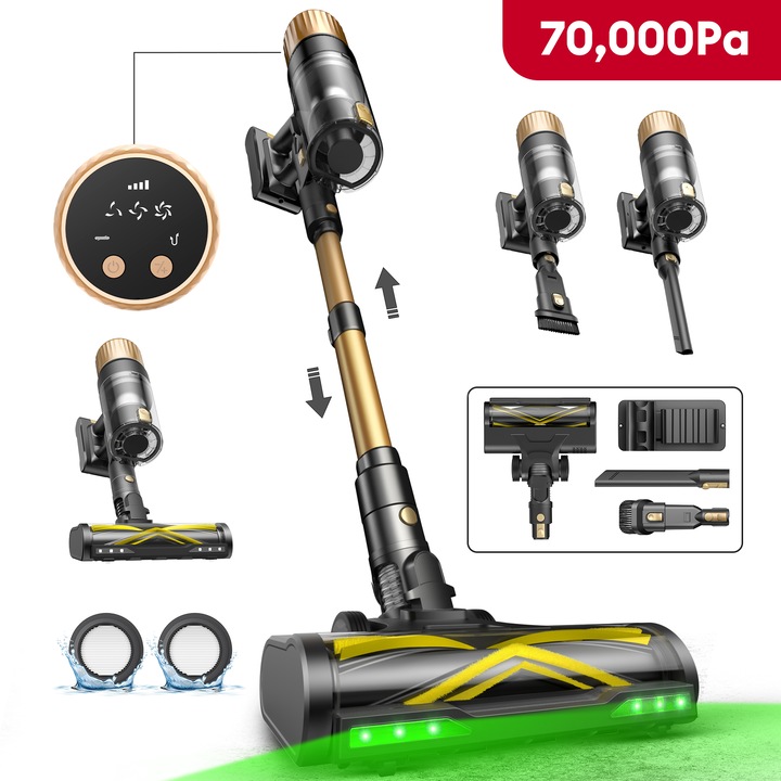 Aspirator fara fir Ultenic U15, 70000PA/65min, sistem cu 6 filtre, baterie detasabila 8×2200 mAh, curatare la 180°/auto-sustinere