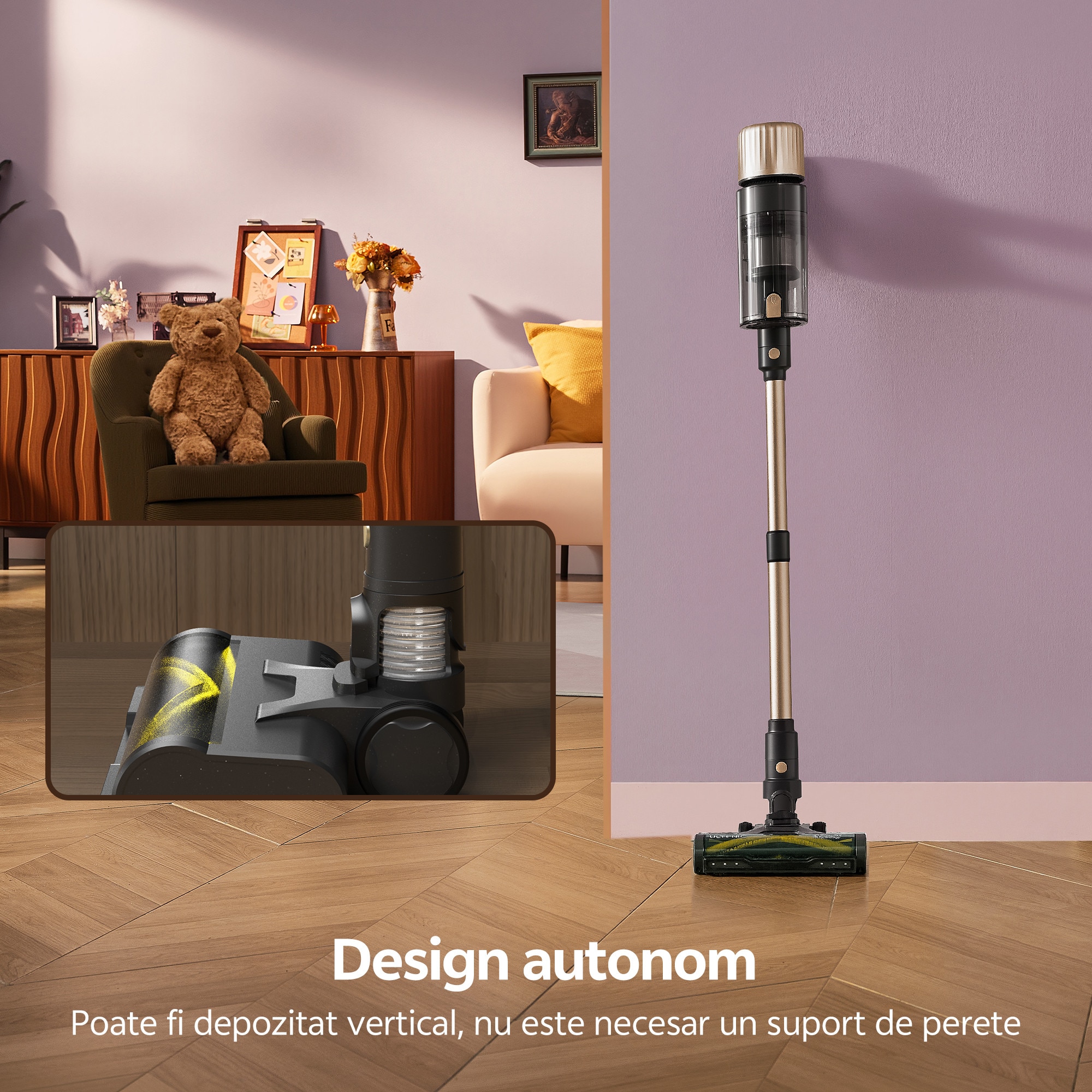 Aspirator fara fir Ultenic U15, 70000PA/65min, sistem cu 6 filtre, baterie detasabila 8×2200 mAh, curatare la 180°/auto-sustinere