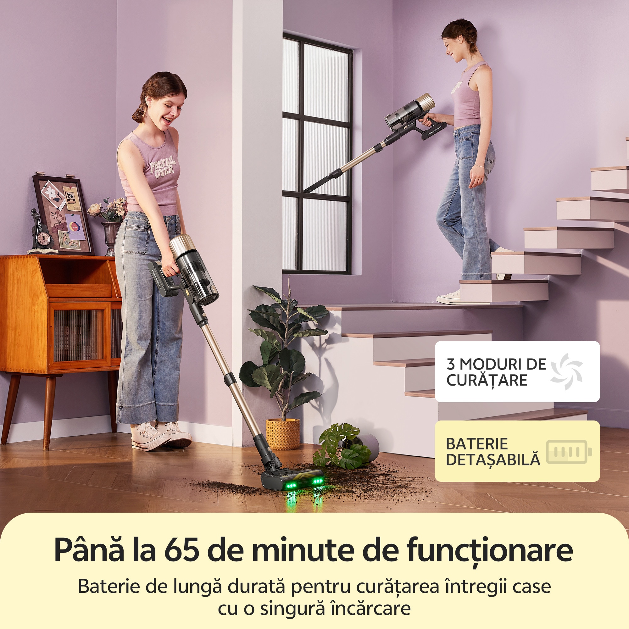 Aspirator fara fir Ultenic U15, 70000PA/65min, sistem cu 6 filtre, baterie detasabila 8×2200 mAh, curatare la 180°/auto-sustinere