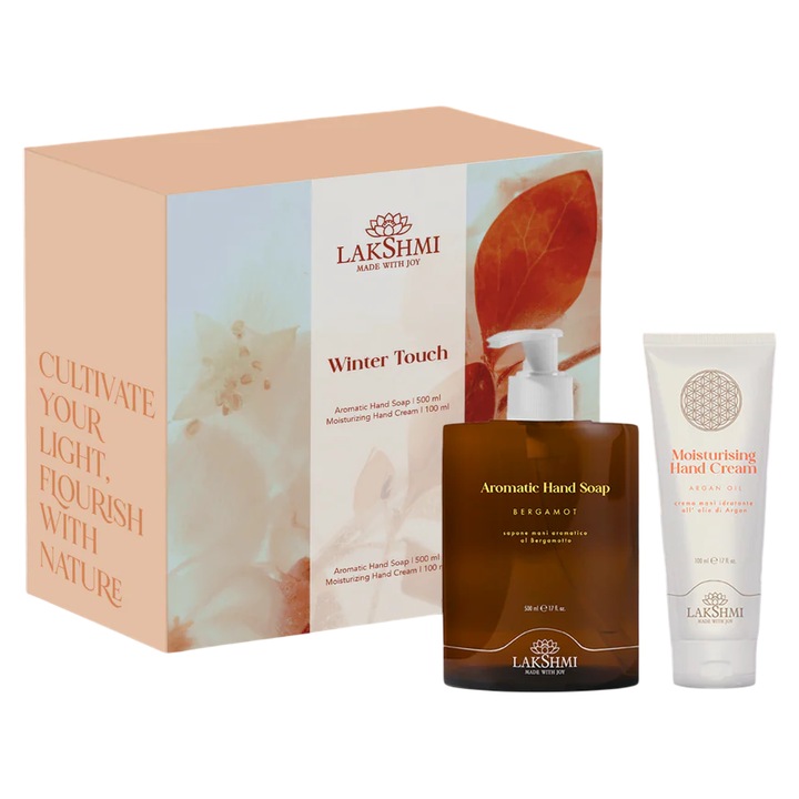 Еко-био комплект за грижа за ръце, Lakshmi, течен сапун 500мл и хидратиращ крем с арганово масло 100мл