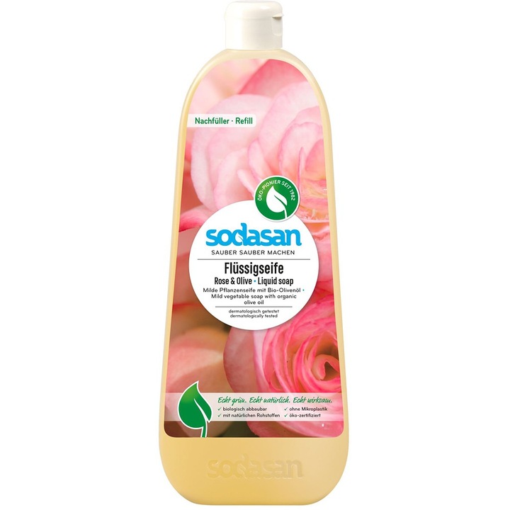 Течен сапун Sodasan с роза и био маслини, 1л, 100% натурални съставки, веган
