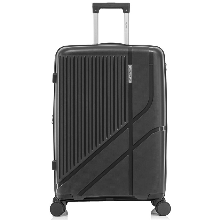 Голям куфар Quasar & Co. модел AERO, 76x47x32-35см, Разширяем, Багаж за чекиране, PP, издръжлива, Защитен цип, Кодово заключване, Телескопична дръжка, 4 двойни безшумни колела 360°, 2 отделения с джоб, Черен