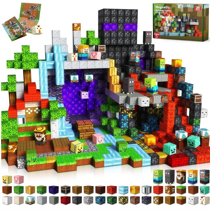 Blocuri de constructie magnetice Minecraft 300 piese, AjieQaQ®, modele multiple, Cuburi Magnetice, pentru Copii 3+, Joc Educativ STEM si Montessori, Cadou pentru Craciun si Zile de Nastere, plastic ABS, multicolor