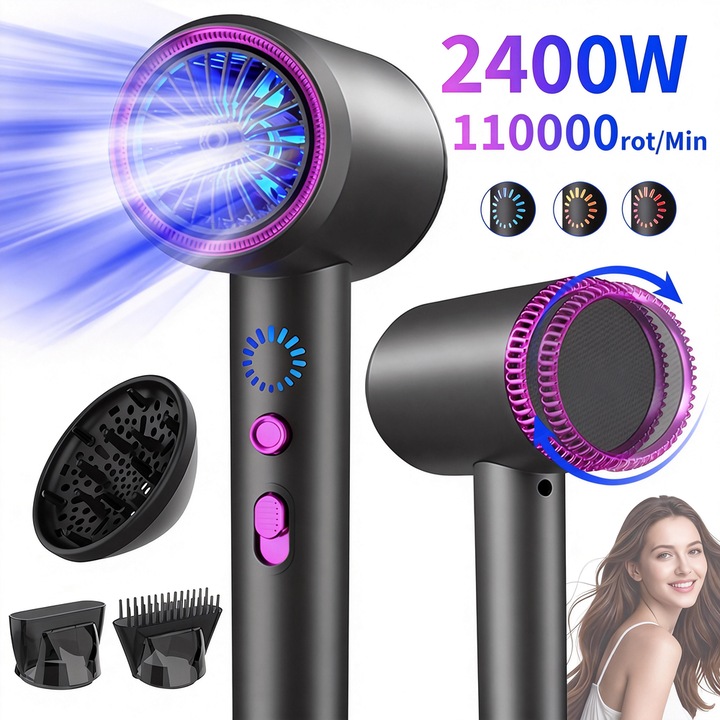 Uscator de par profesional ionic Regal, Tressino, Ultra-Puternic De 2400 W, 240V, 110.000 rot/min, Cu 3 viteze si 2 trepte de temperatura, Ioni negativi, Set 3 Accesorii, Lumina LED, Uscarea rapida, Negru/Violet