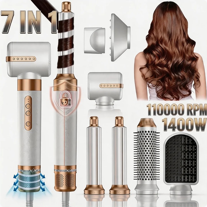 Hajszárító, Tressino, 7 az 1-ben, 110000 RPM, 1400 W, 110V, 2 hullámosító rúd, 3 sebességfokozattal és 3 hőmérsékleti fokozattal, Automata hajgöndörítő, Volumennövelő kefe, Szűkítő, Diffúzor, Gyors szárítás, Egyenes haj, Hullámok, Fehér