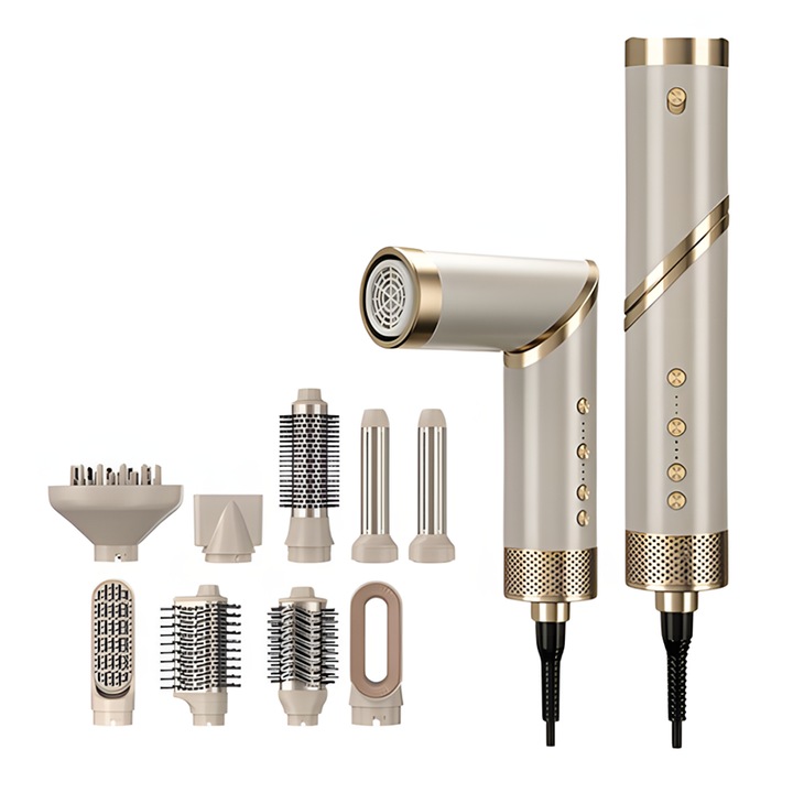 Uscator de par profesional 9-1 Visme, Ondulator Automat, Uscator Par Cu Motor 1600W, Perii Styling Pentru Volum, Ondulator Automat Auto-Wrap, Perii Styling Pentru Indreptare, 3 Trepte Temperatura, 3 Viteze Aer, Ionizare Anti Frizz, Sampanie