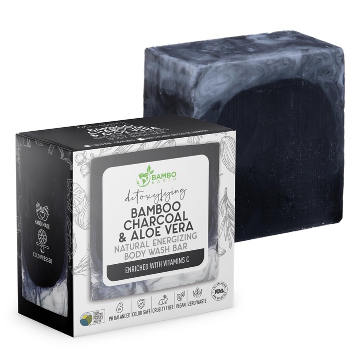 BAMBOEARTH szilárd tusfürdő bambusz faszénnel és aloe verával, 198 g