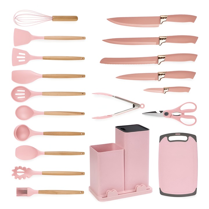 Set ustensile bucătărie ANGMAD 19 piese, silicon termorezistent, lemn natural, roz multicolor