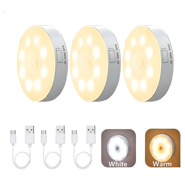 Set de 3 lampi de veghe LED cu senzor de miscare, alb, 400mAh, 85x23mm, Sengoog