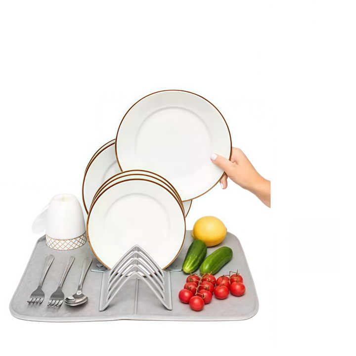 Suport pliabil pentru farfurii, gri, design compact, pentru scurgere si uscare vase