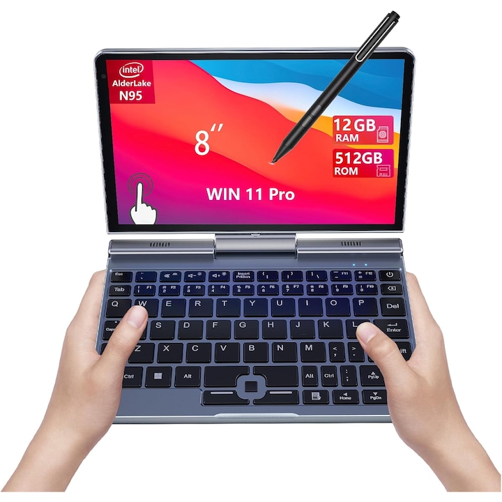 Мини лаптоп 8‑инчов 2‑в‑1, лаптоп с Windows 11, Intel N95 (до 3,4 GHz), 12 GB RAM, 512 GB SSD, HD сензорен екран, подсветена клавиатура, Wi‑Fi 6, USB‑C, лек преносим компютър за работа / деца / обучение