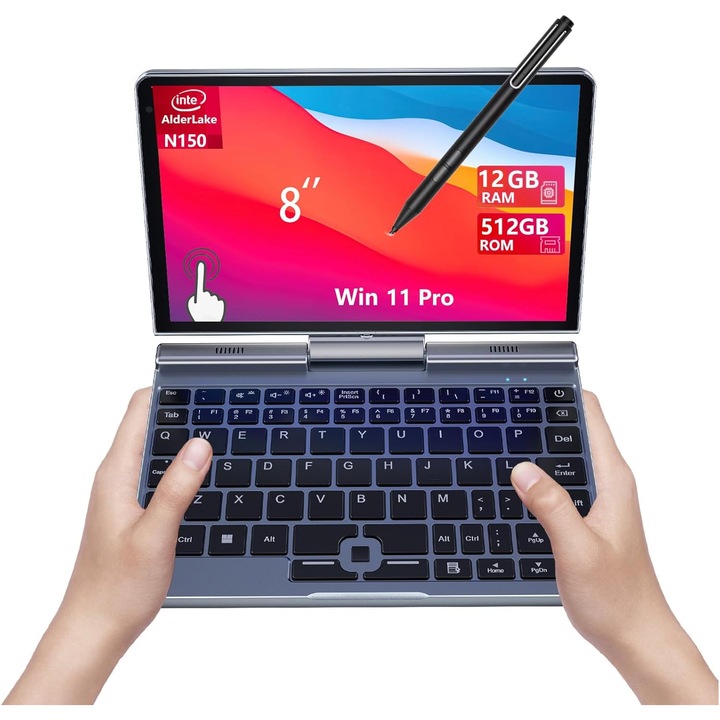 Mini Laptop 8" 2-in-1, Laptop Computer Win 11, Intel N150(up to 3.6GHz), 12GB RAM 512GB SSD, Touchscreen HD, Backlit Keyboard, Wi-Fi 6, USB-C, Lightweight Portable PC for Work/Kids/School