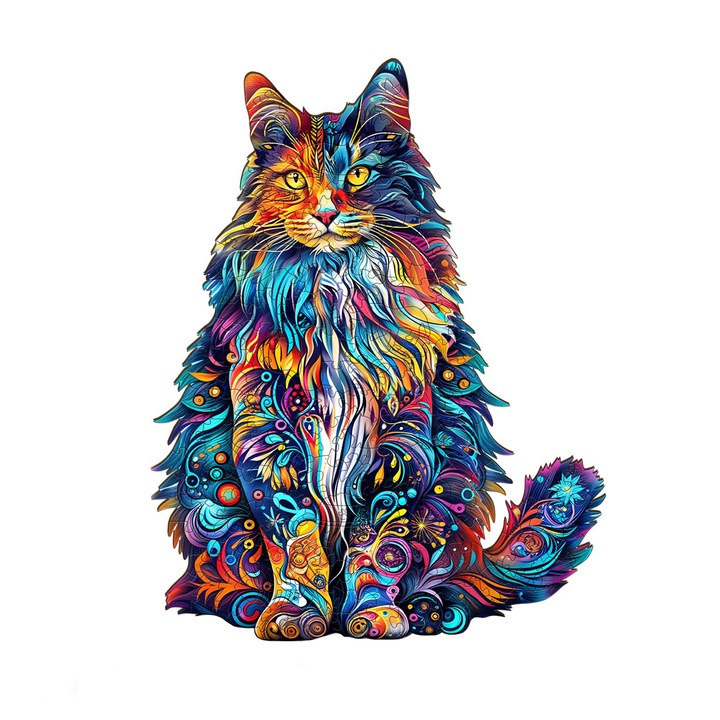 Puzzle din lemn, pisica colorata, Educational, pentru copii si adulti, 6ani+, 110 piese, 14.8×21cm, OUYLAF, Multicolor