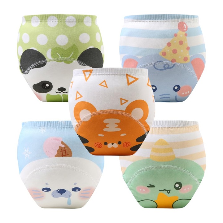 Комплект от 5 гащички за приучаване към гърне, памучни, за многократна употреба, за бебета 7-12 кг, силно абсорбиращи, YQLAFT, многоцветни