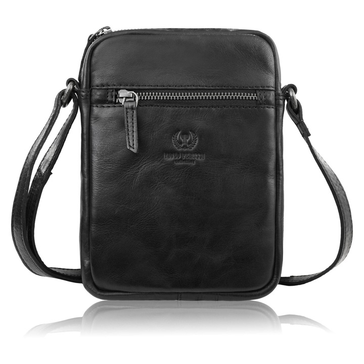 Férfi bőr táska Paolo Peruzzi SL-03-BL, fekete, 20x15x4cm, 4 zseb, állítható pánt 70-135cm