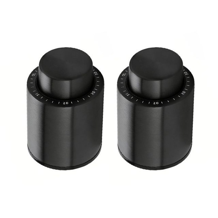 Set de 2 dopuri pentru vin cu vacuum si apasare, material alimentar, cu indicator de data
