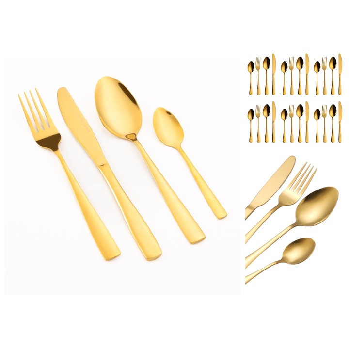 Set masa aurii ANGMAD Luxury Collection 24 piese – realizat din otel inoxidabil (stainless steel) premium, furculite, cutite, linguri, lingurite, tacamuri elegante luxury, culoare: gold