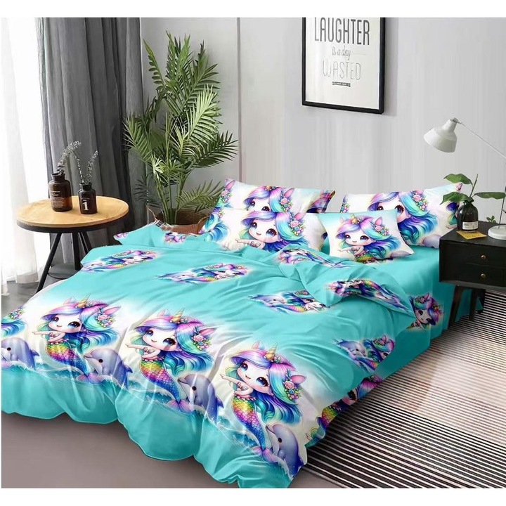 Set lenjerie de pat dublu, 6 piese, desene cu sirene, bumbac finet, multicolor