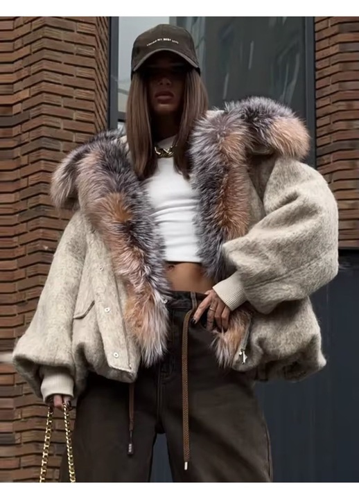 Geacă damă parka, bej, blană naturală, S-M