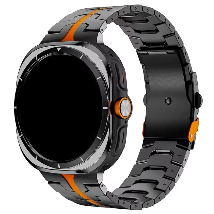 Curea compatibilă cu Samsung Galaxy Watch Ultra, Aliaj de titan, Cutie din lemn, Negru-portocaliu