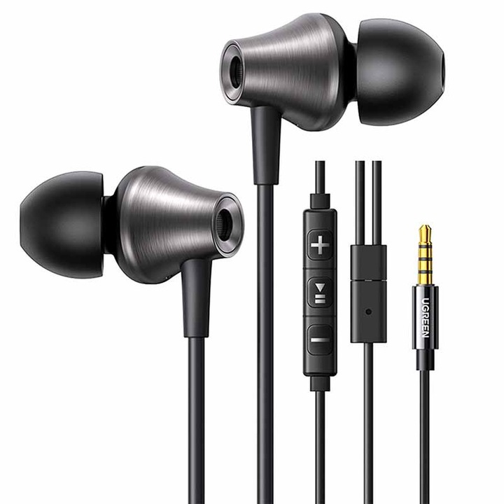 Casti cu fir Ugreen EP105, 3.5mm, negru, 10mm driver, microfon cu reducere a zgomotului, set cu 4 perechi de dopuri