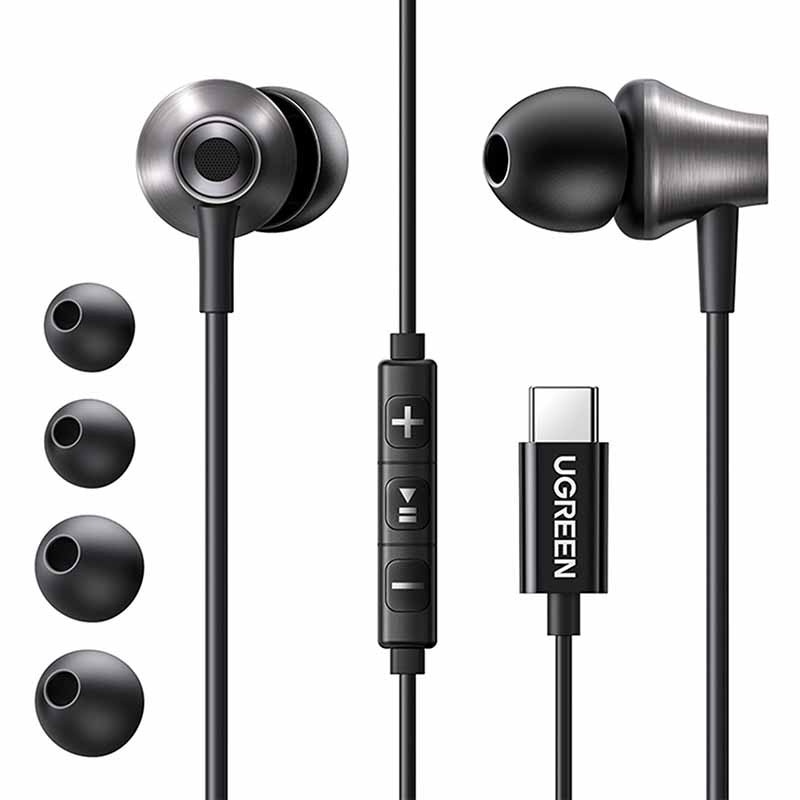 Casti cu fir Ugreen EP105, 3.5mm, negru, 10mm driver, microfon cu reducere a zgomotului, set cu 4 perechi de dopuri