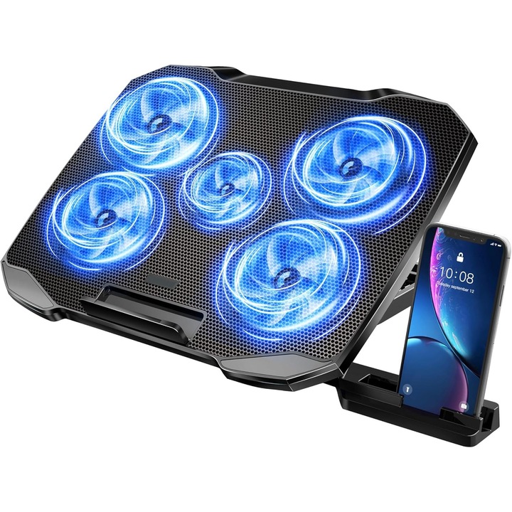 Cooler Laptop Gaming RGB si Suport, Dimensiuni Compatabile 12-15.6 inch, 5 ventilatoare silentioase, 5 Inaltime reglabila, 2 Port USB, Suport telefon incorporat, Negru