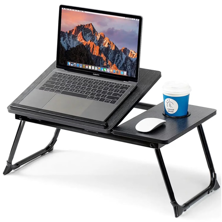 Masa Laptop Pliabila pentru Pat, Canapea si Mic Dejun, cu Suport Pahar, Antiderapanta, Reglabila 5 Unghiuri, Birou Laptop Portabil, Capacitate de Incarcare de pana la 45 kg, 56x32x25, Negru