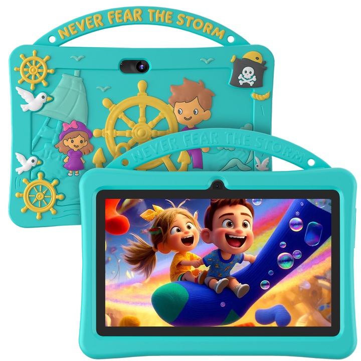 Детски таблет 7", 4GB RAM, 128GB памет, защитен калъф, син