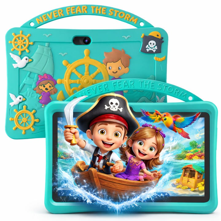 Tableta pentru copii 7", 4GB RAM, 128GB stocare, Procesor Quad-Core Android, Husa de protectie, albastru, Camera duala, Ecran IPS 1024x600, Software educativ iWawa