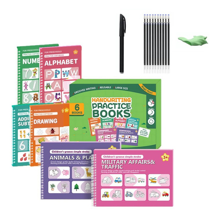 Set manuale reutilizabile limbii engleze, care include 6 caiete de exercitii, acoperind litere, cifre, matematica, desen, transport si armata, animale si plante, multicolor