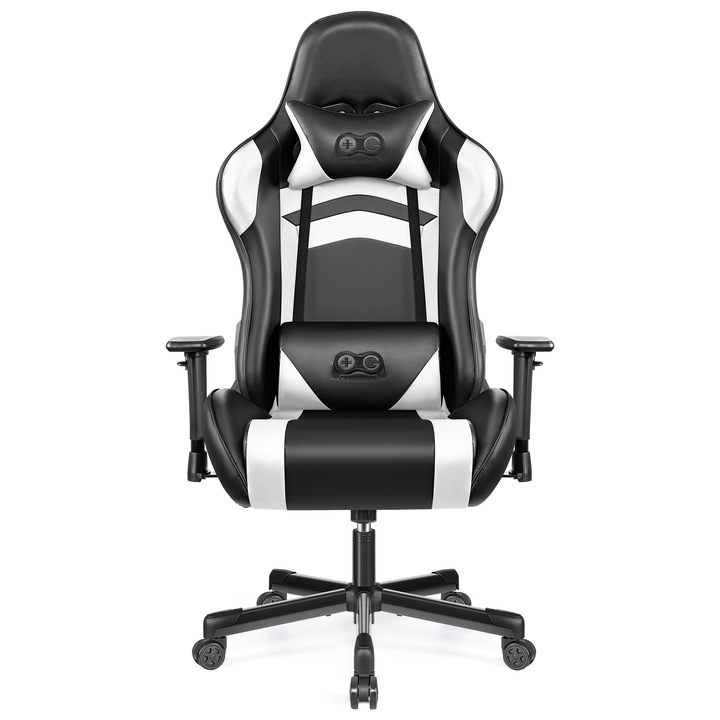 Scaun de gaming, UWOT, cadru complet din otel, perna din spuma, rotire la 360 de grade, piele PU, suport pentru brate cu functie de ridicare, design ergonomic profesional, roti omnidirectionale, spatar reglabil la 155° pentru confort, Negru-Alb