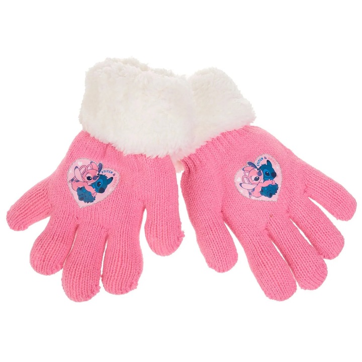 Manusi Roz cu Model Inima Stitch & Blana Artificiala Alba pentru Copii 6-10 Ani - 1 pereche