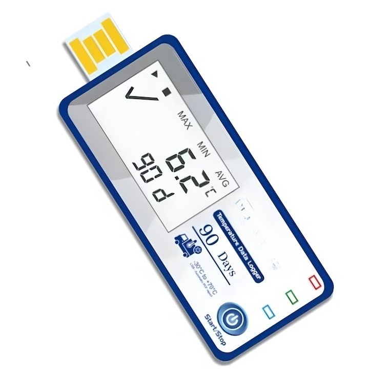 Hőmérő adatgyűjtő 90 napos, -30°C ~ +70°C, Adatok rögzítése és letöltése USB-n keresztül PDF, CSV formátumban, 30000 leolvasás, hűtött tároláshoz és szállításhoz, IP67 Vízálló, Túlmelegedés riasztás