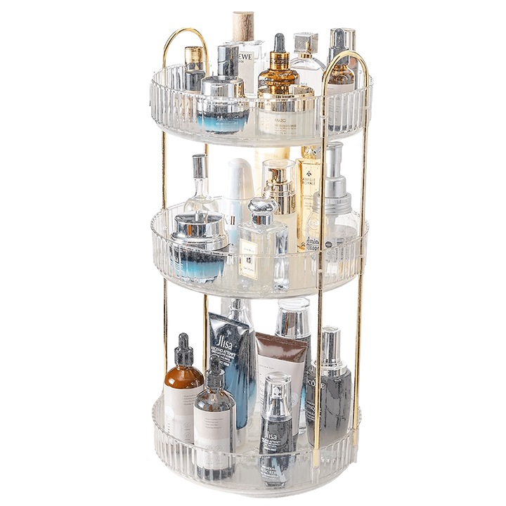 Sharpdo Organizator de produse cosmetice, machiaj, rotativ 360 de grade, blat, tavi Lazy Susan cu 3 niveluri, depozitare, Versiune transparenta, 470mm x 230mm