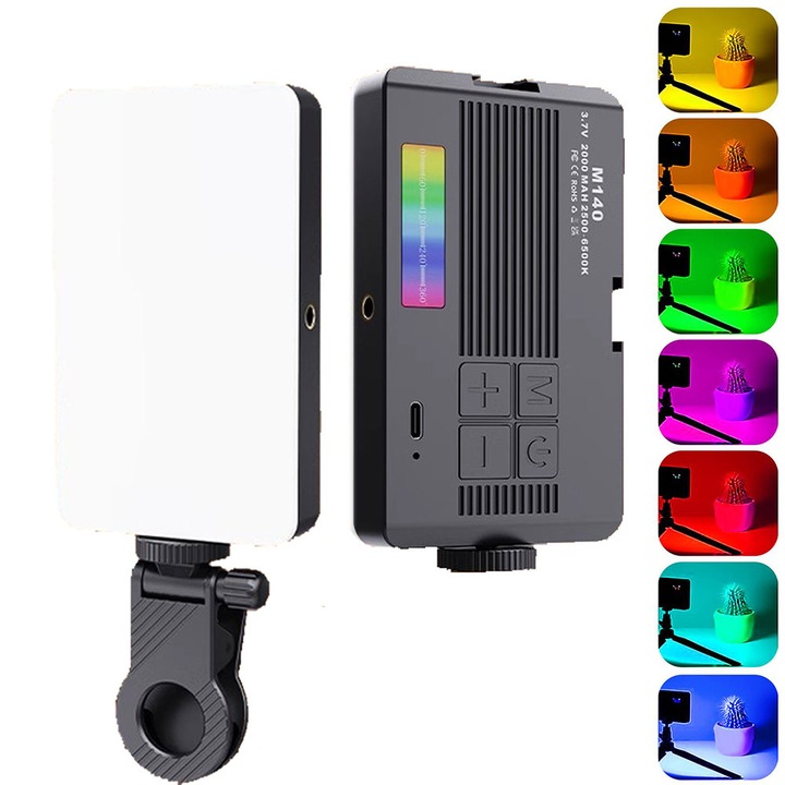 Flash Hawk Lumina Video RGB LED, cu Clip, Dimabil, 2700K-6500K Reglabil, 2000mAh, Port USB-C, 120° Unghi de Iluminare, pentru Fotografie, Conferinte Video, iPhone, Android, Laptop, negru