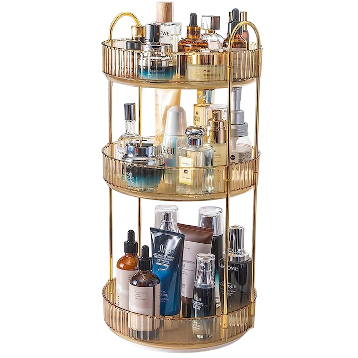 Sharpdo Organizator de produse cosmetice, machiaj, rotativ 360 de grade, tavi Lazy Susan cu 3 niveluri, depozitare transparenta a machiajului de mare capacitate, galben, 47*22.8*22.8*cm