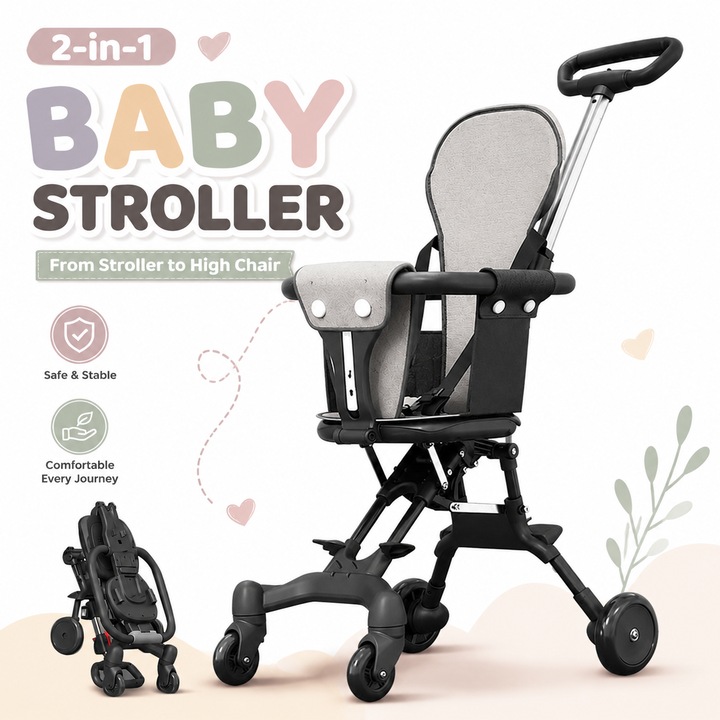 Carucior Sport pentru Copii, Landou Reversibil pentru Copii, Aliaj Aluminiu, Pliabil, Sistem Dublu de Blocare, Centura Siguranta in 5 Puncte, 1-3 ani, Negru, 30x52x90cm