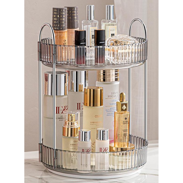 Sharpdo Organizator de produse cosmetice, machiaj, rotativ 360 de grade, depozitare transparenta a machiajului de mare capacitate, 2 niveluri - gri