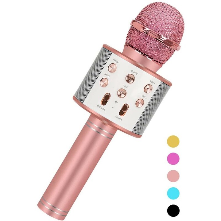 Microfon karaoke wireless, portabil, cu LED, multicolor, 10m, 0.35kg, cu cablu Micro USB si manual de instructiuni